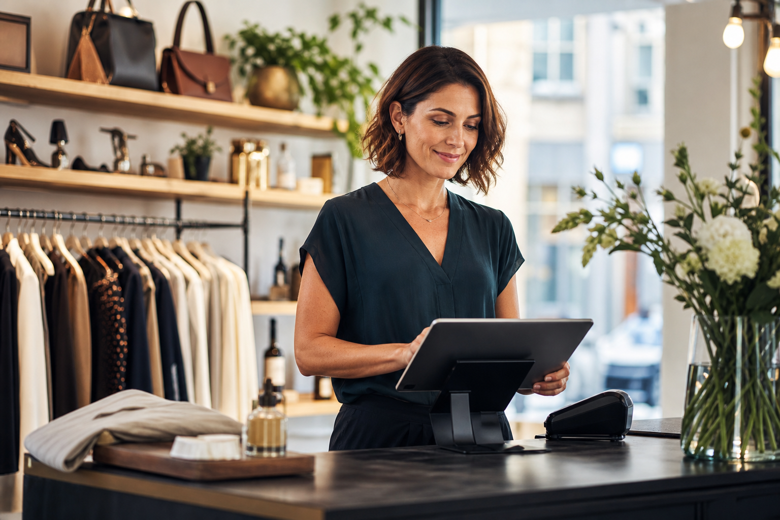 Interface caisse AuraPro sur tablette en boutique
