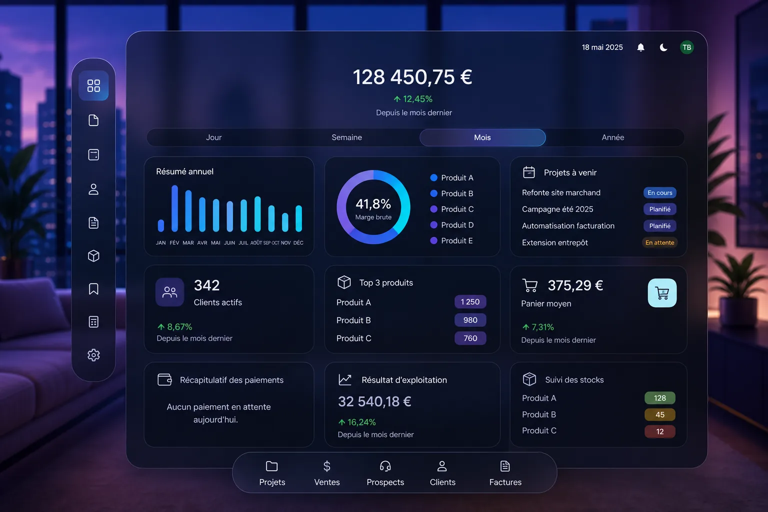 AuraPro dashboard: sales, inventory, projects and business metrics