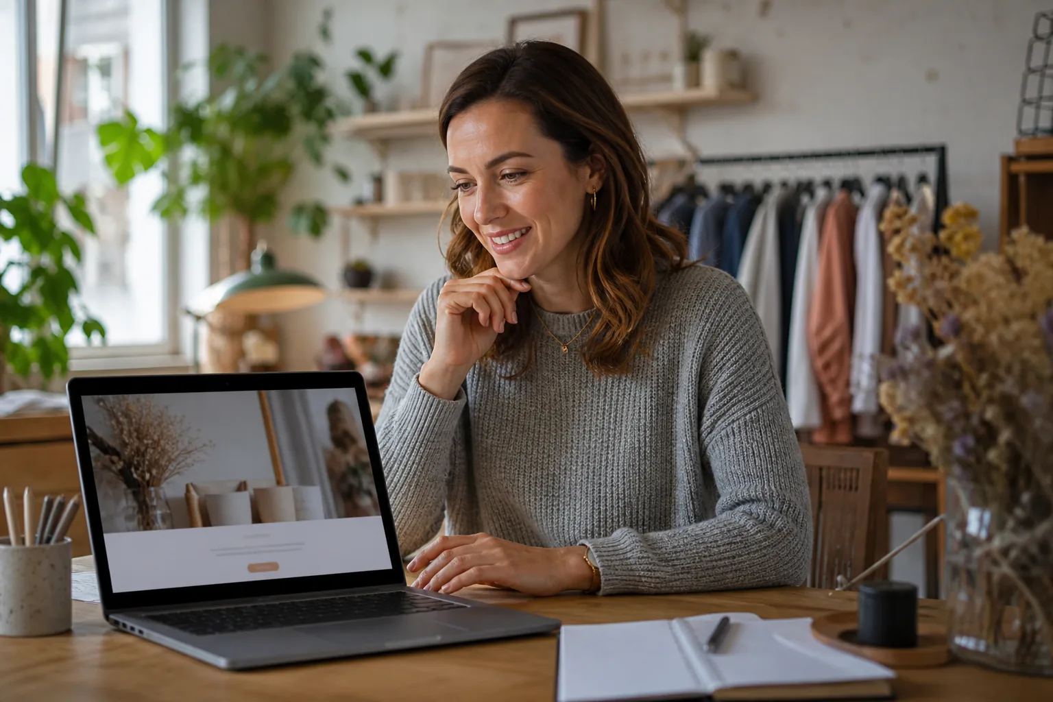 Dirigeante de TPE consultant le site vitrine de son entreprise sur un ordinateur portable