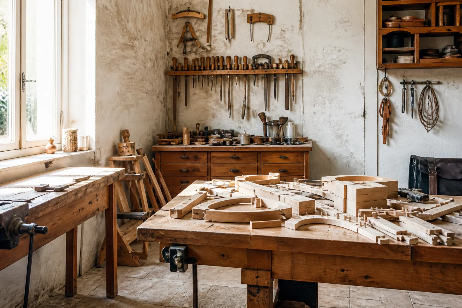 Atelier d'artisan avec établi, outils et lumière naturelle