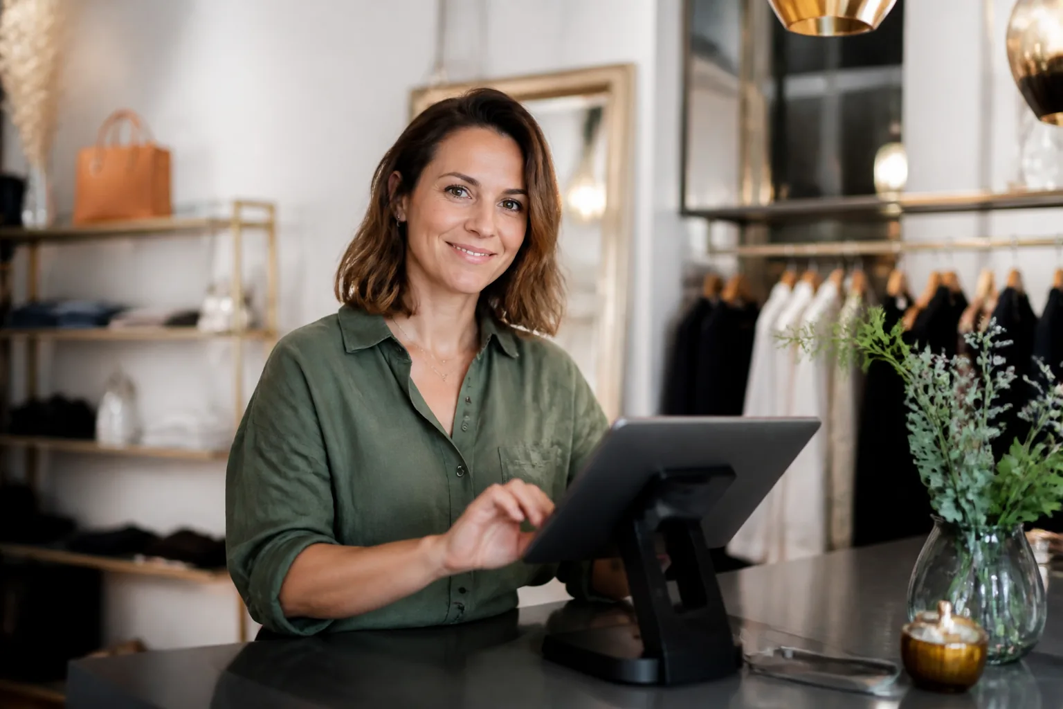 Commerçante à la caisse AuraPro sur tablette dans sa boutique