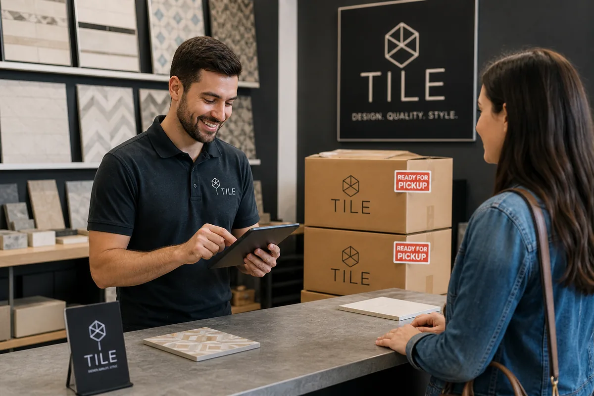 Vendeur enregistrant une réservation de carrelage sur tablette au comptoir