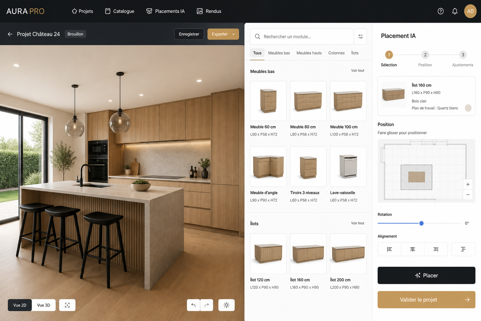 Interface AuraPro : photo pièce et catalogue modules cuisine avec placement IA