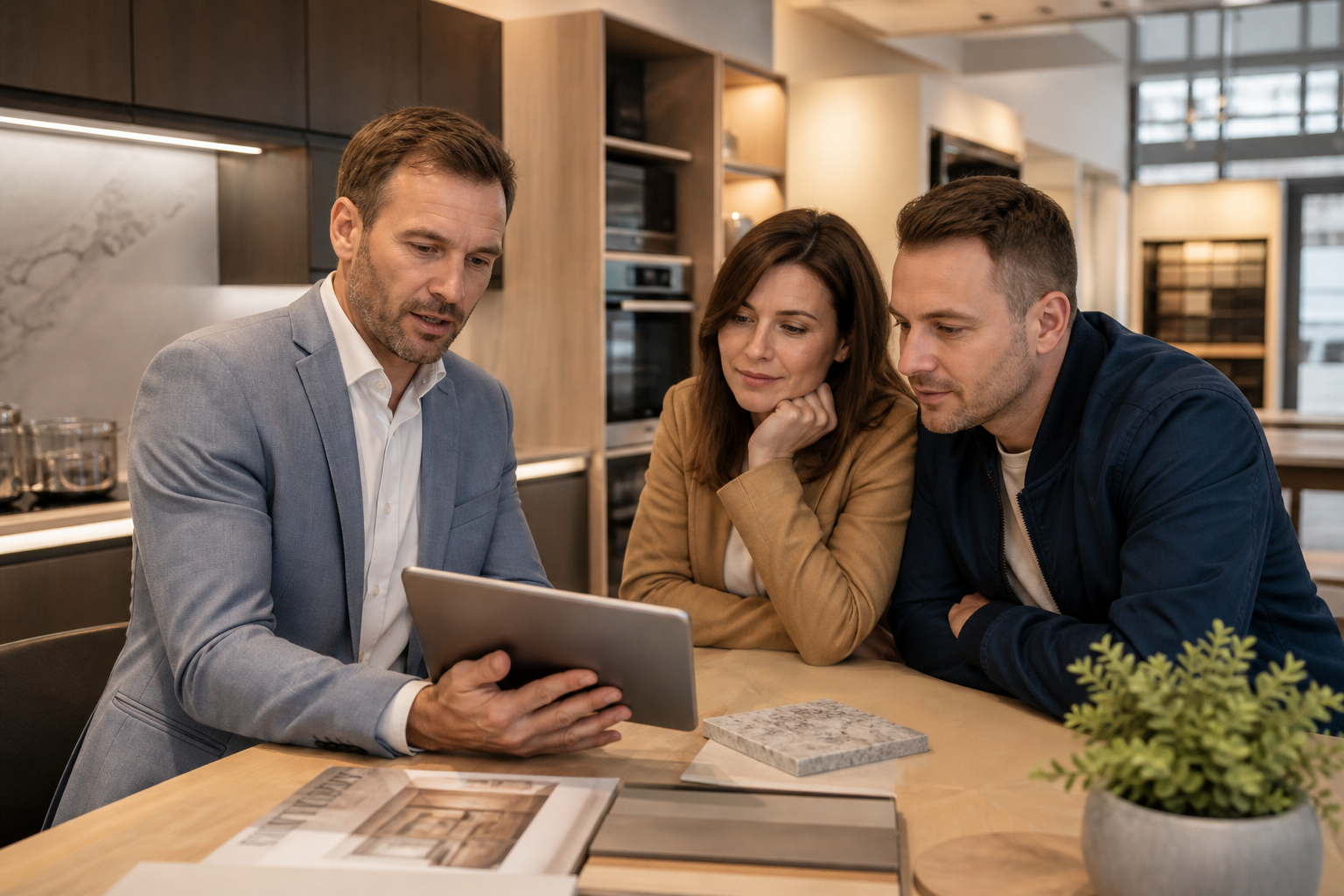 Conseiller cuisiniste présentant un devis tablette à des clients en showroom