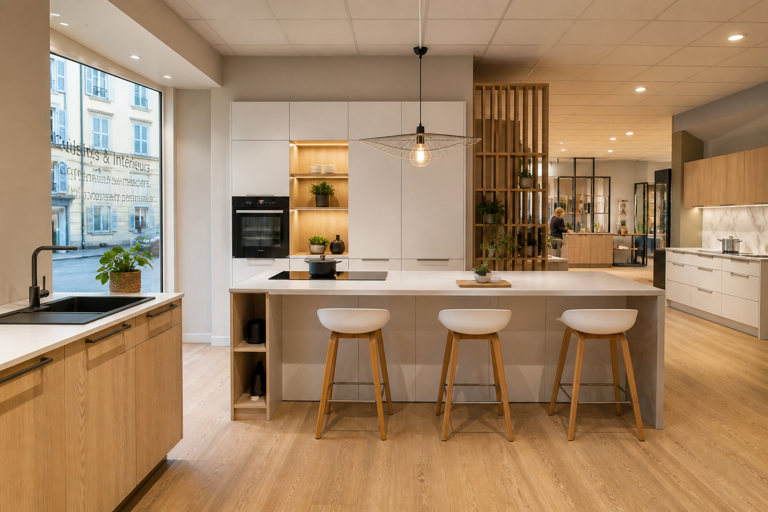 Showroom de cuisines modernes avec îlot central et façades bois
