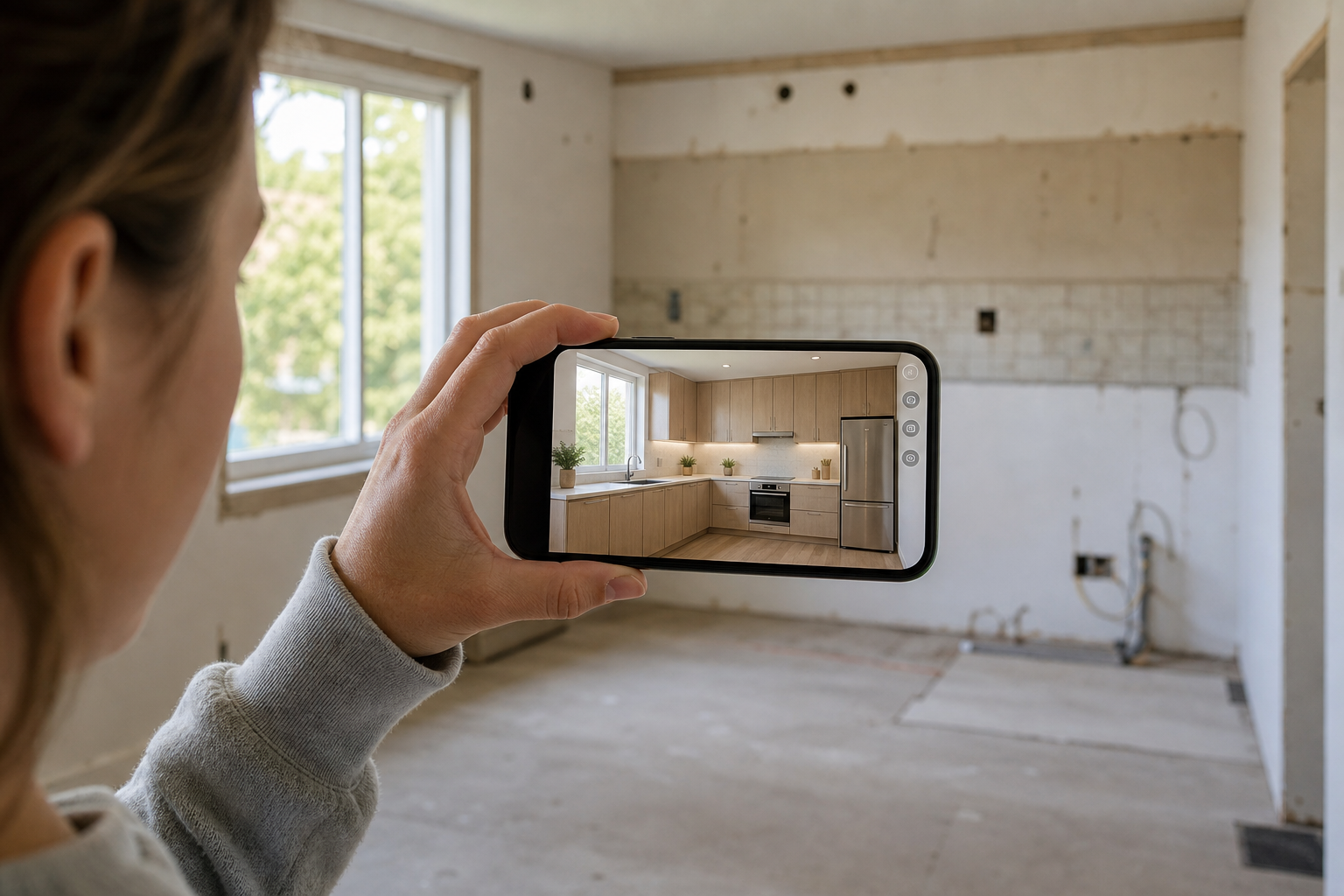Particulier visualisant le placement de sa future cuisine sur photo smartphone avec IA