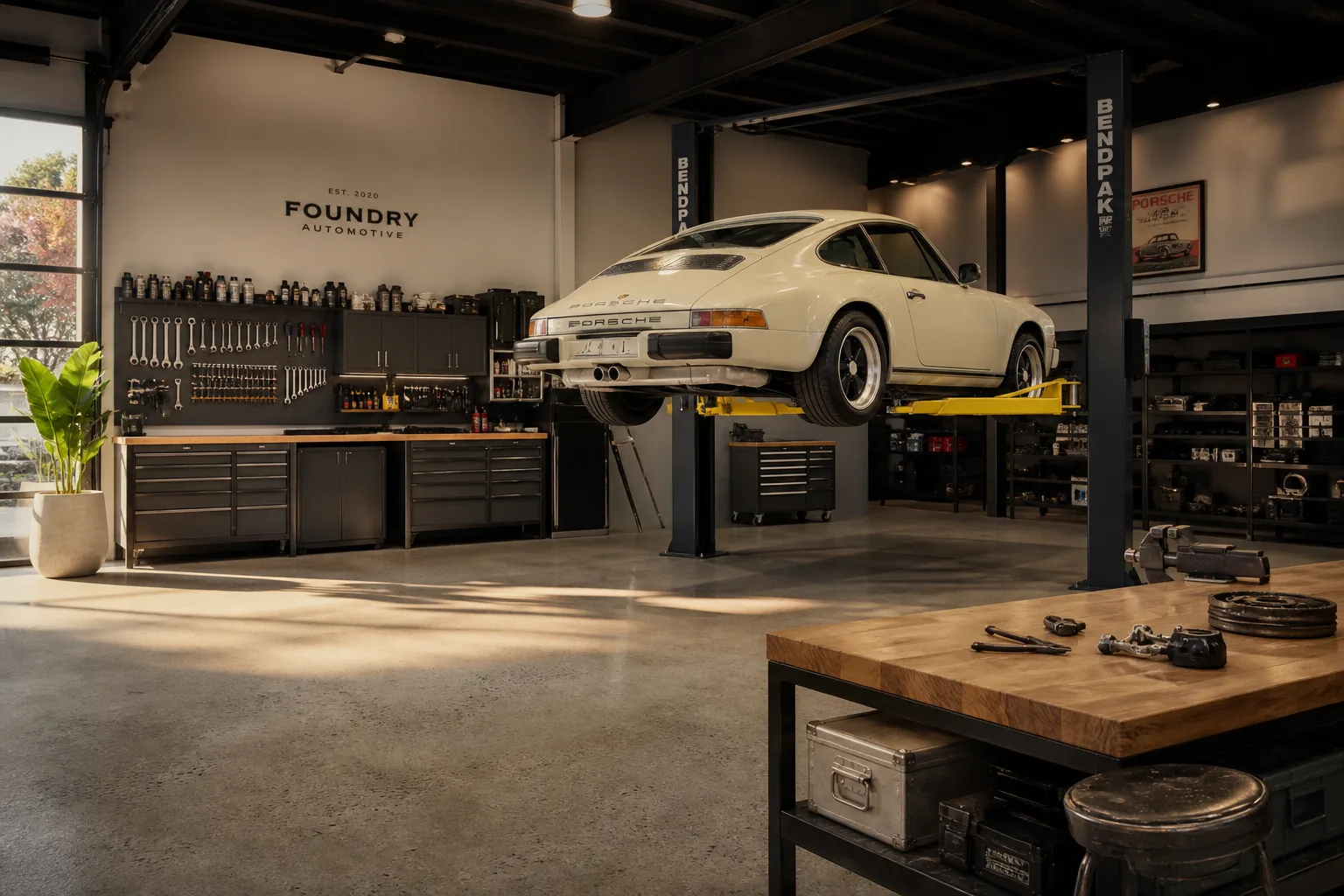Atelier de garage automobile moderne avec véhicule sur pont élévateur