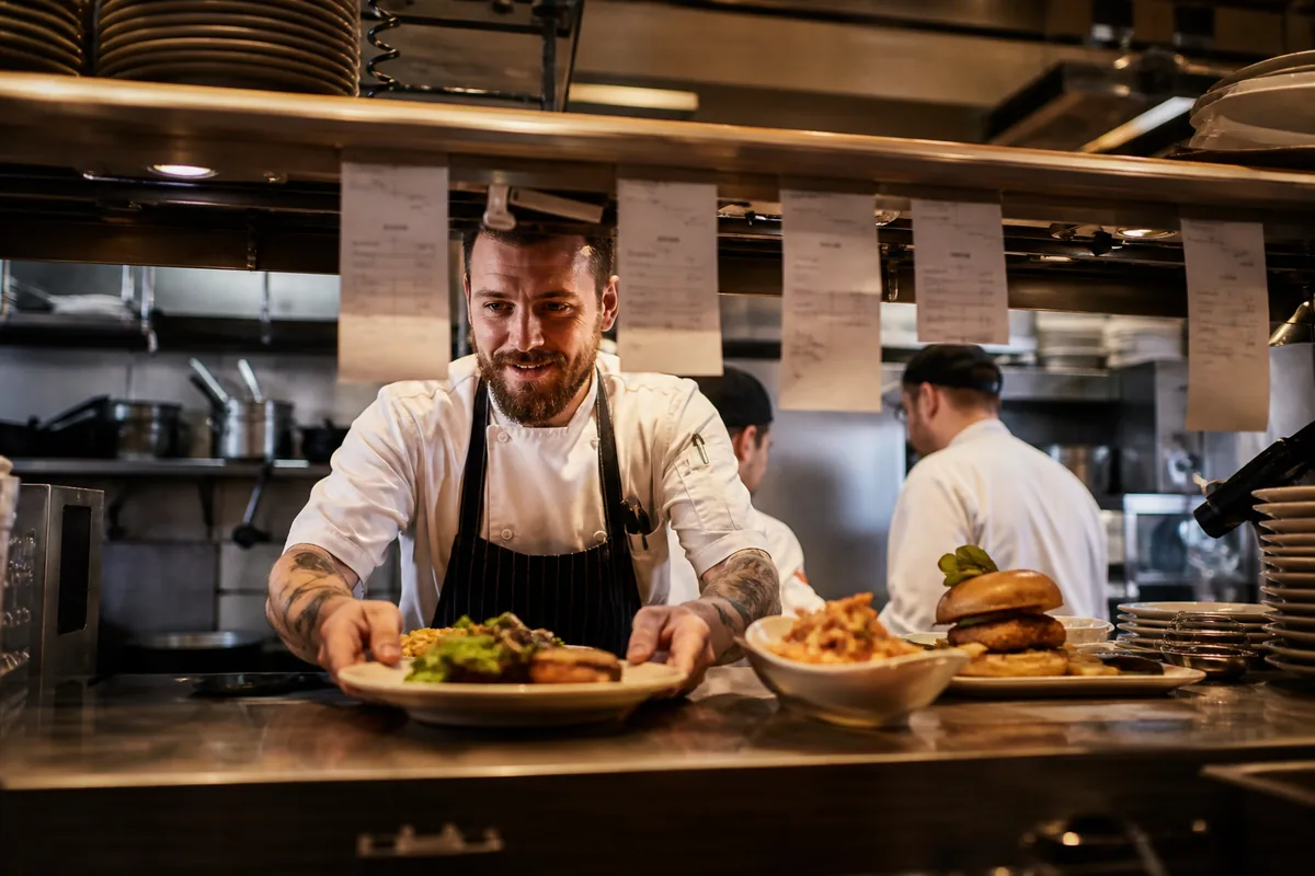 Passe cuisine en restaurant avec commandes prêtes à servir