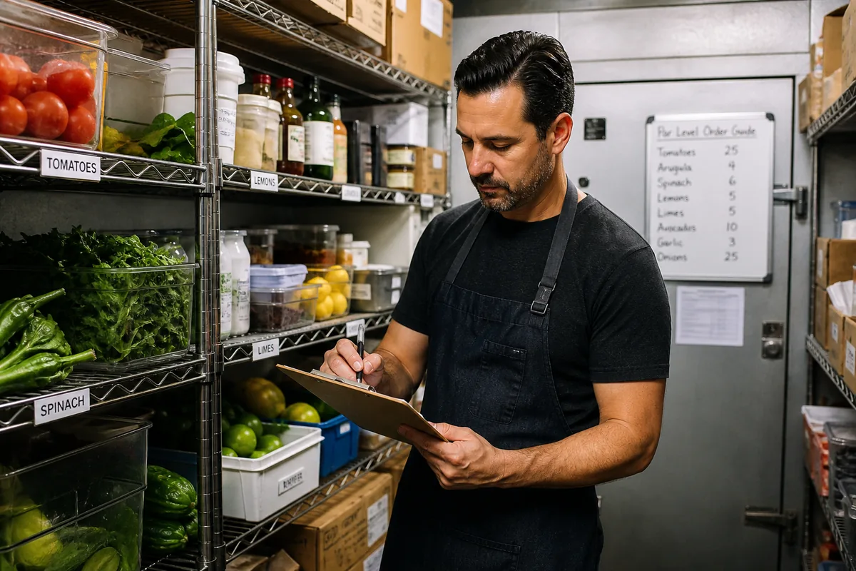 Gérant de restaurant vérifiant les stocks en réserve alimentaire